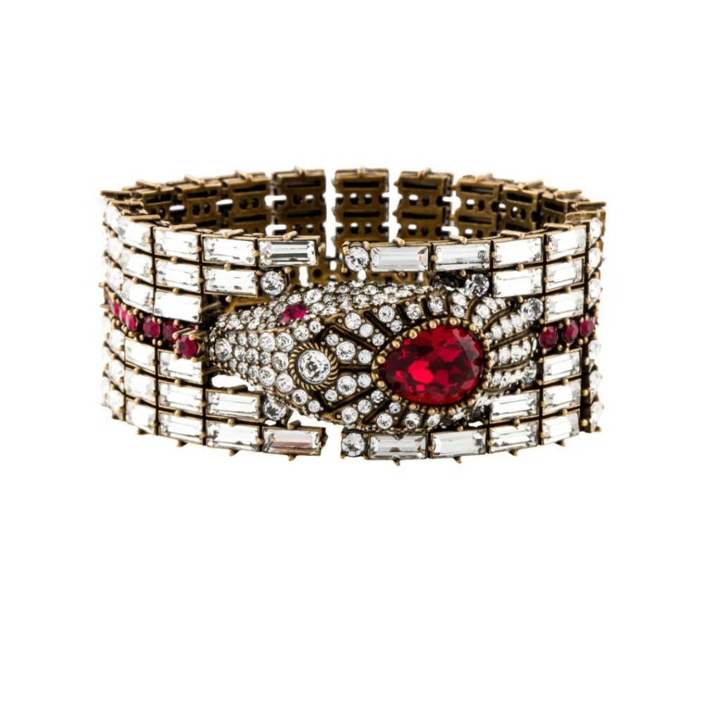 Gucci Gold-Tone Cuff Bracelet with Red and Clear Stones